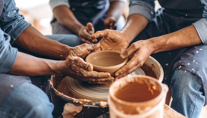 Collaborative pottery artistry: A group working together to mold a clay bowl on a spinning wheel