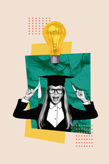 3d pop image vertical art collage of happy schoolgirl point master hat light bulb idea finding graduation back to school university