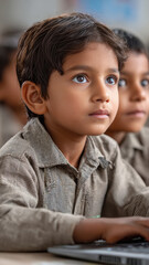 Obraz premium indian school children studying on laptop in classroom