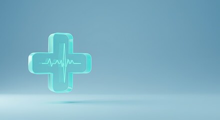 Obraz premium Aqua glass cross with heartbeat line on blue background