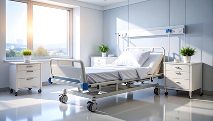 Bright, Modern Hospital Room with Empty Bed and Natural Light Shining Through Window.