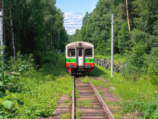 Naklejka premium Train moving through a dense forest creating a picturesque scene with lush greenery and scenic beauty all around