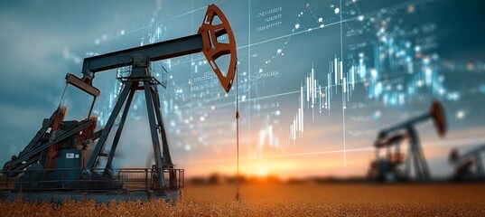 Beautiful Oil Pumpjack at Sunrise with Futuristic Trading Data Overlay for Market Analysis Art