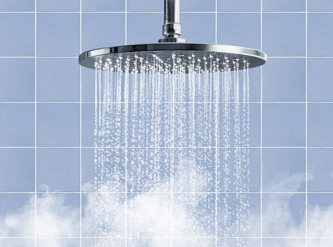 Shower head Providing Water Flow in soft blue bathroom - Powered by Adobe