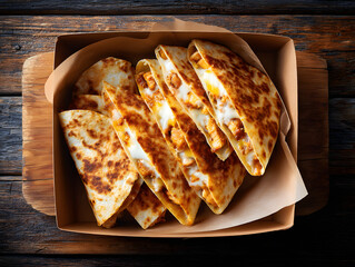 sliced cheese quesadillas in paper box.