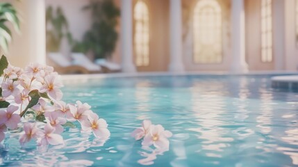 Serene Spa Pool: Pink Blossoms Floating on Tranquil Aqua Water
