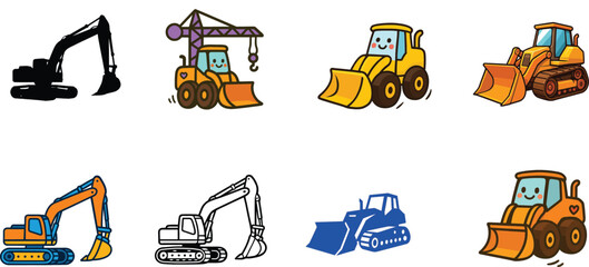 Vector illustration of a yellow excavator and shovel on white background for construction or industrial work