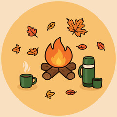 Hand Drawn Autumn Elements, Fall Leaves, Campfire and Coffee Illustration