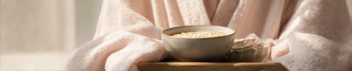 Cozy morning scene with oatmeal bowl on wooden tray and warm blanket