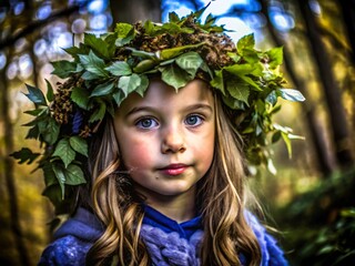 Young girl with long blond hair wearing a leaf crown in a forest Child