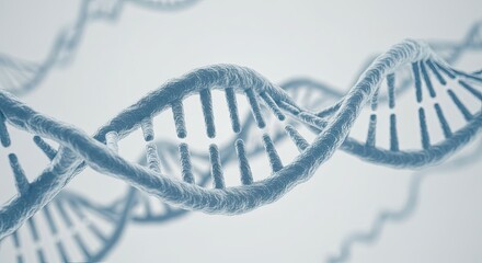 Closeup 3D render of a blue DNA double helix structure