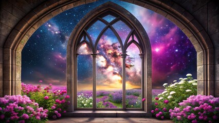 Gothic arched window view Starry night sky lavender fields and blooming flowers