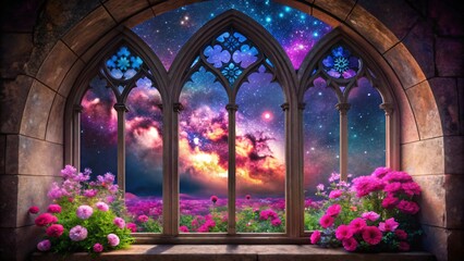 Gothic arched window view Starry night sky vibrant pink flowers and fantasy landscape
