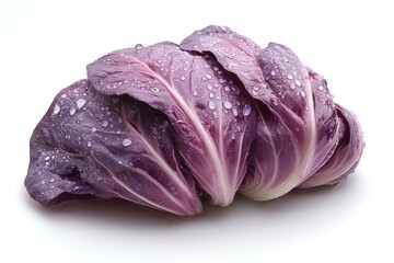 Obraz premium Whole radicchio with water droplets, showcasing its rich color. Isolated on white background