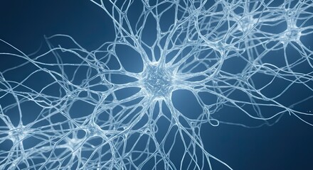 Closeup of interconnected luminous neural cells against a dark blue background