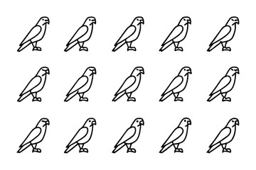 Hawk Iconography: A collection of hawk icons is arranged in a structured grid. Each hawk is rendered in a sleek, minimal line style, showcasing clean outlines and a contemporary aesthetic. 
