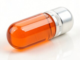 Amber liquid in a transparent cylindrical bottle with a silver cap container
