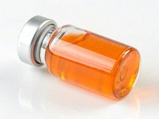 Amber liquid in a glass vial with a silver cap Close up product shot medicine