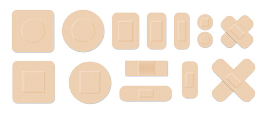 Medical plasters. Bandages set. Adhesive bandage for first aid for wounds operations and skin injuries. Protecting open wound from infection. Vector