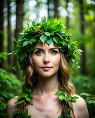 Woman with long blonde hair wearing a leafy crown in a forest Leaves Green