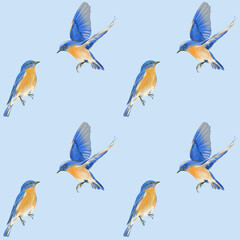 Simple seamless pattern with  Bluebirds. Nature fairytale design for wrapping paper, packaging,fabric, textile, home decor.	