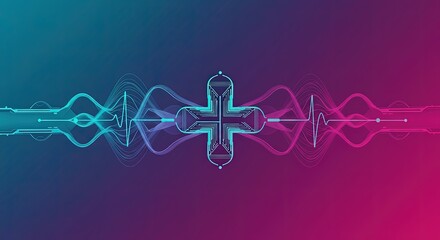 Cyan and magenta waves surrounding a digital cross with circuit patterns