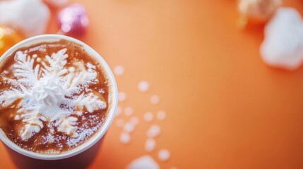 Cozy winter drink with festive snowflake decoration on orange background