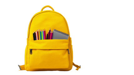 Yellow Backpack with School Supplies on Transparent Background