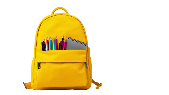 Yellow Backpack with School Supplies on Transparent Background