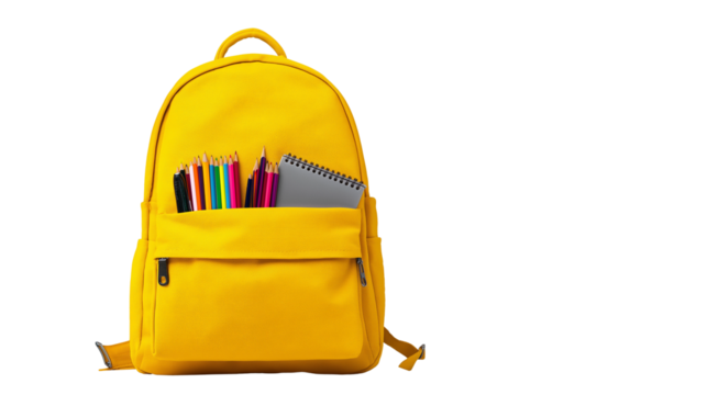 Yellow Backpack with School Supplies on Transparent Background - Powered by Adobe