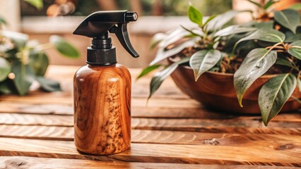 Wooden spray bottle on rustic wooden table with potted plants greenery