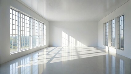 Sunlight streams into a spacious empty room with large multi paned windows and a polished floor