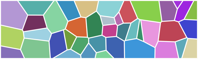  Colorful abstract mosaic pattern with irregular geometric shapes in various bright shades, outlined in white, resembling stained glass or a tiled design.