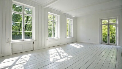 Sunlit empty room with white walls white wooden floors and large windows showing lush green trees