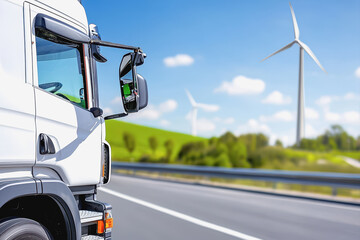 Eco-friendly truck driving along a scenic highway surrounded by beautiful landscapes promoting zero-emission transport