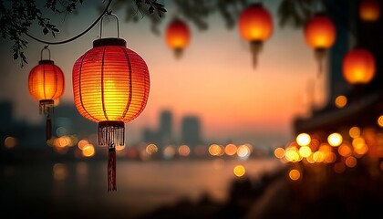 Obraz premium Serene Mid-Autumn Festival Night with Illuminated Red Chinese Lanterns Against City Skyline View