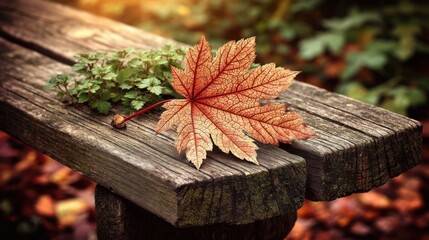 Autumn maple leaf resting on weathered wooden bench in park setting