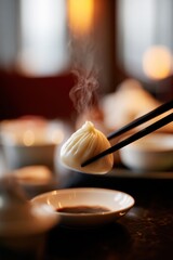 Juicy Xiao Long Bao Above Dipping Sauce with Rising Steam
