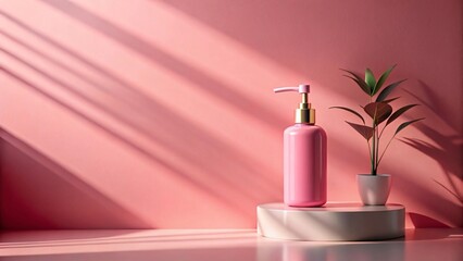 Pink soap dispenser and plant on a minimalist pink background Sunlight casts shadows