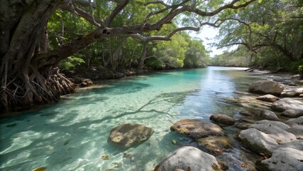 Naklejka premium Turquoise waters flow over smooth stones beneath twisted mangrove trees, lit by golden sunlight breaking through the forest canopy. 