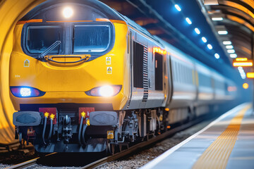 Fototapeta premium Train approaching a tunnel with ai-controlled features captured in stunning high quality 8k with copy space available