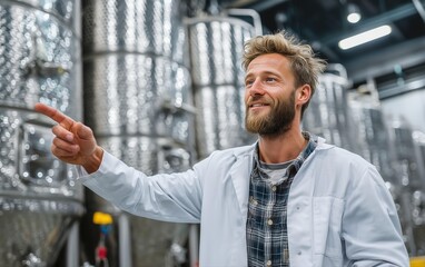 Smiling Brewer Pointing at Stainless Steel Tanks in Brewery Environment Production Facility