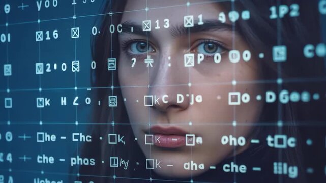 Woman face with focused eyes behind digital code interface showing technology data and semantic search for advanced programming and futuristic