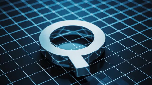 Search concept with metallic letter Q on digital grid background for semantic search and futuristic technology with data connection analysis