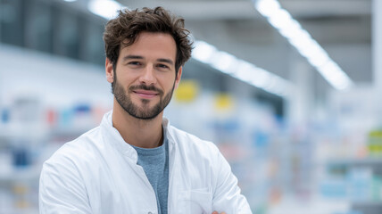 Fototapeta premium happy young professional pharmacist standing in medical store
