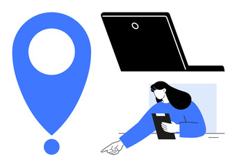 Woman holding tablet and pointing, blue location marker, black laptop. Ideal for navigation, teamwork, workplace, digital solution, communication, education simple landing page