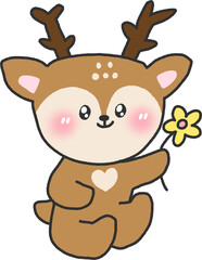 Adorable Baby Deer with Flower – Hand-Drawn Cartoon Fawn Character Illustration PNG