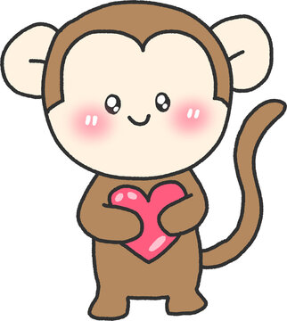 Cute Cartoon Monkey Holding a Pink Heart &ndash; Blushing Animal Clipart with Transparent Background