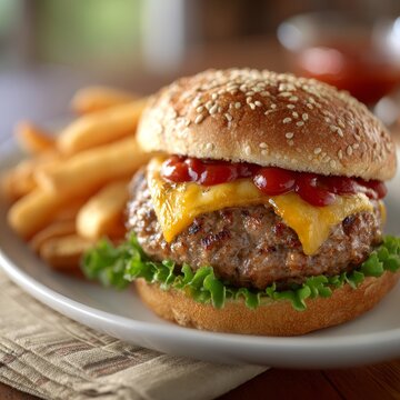 Delicious Chedar Burger On Sesame Bun With Leaf Lettuce And Ketchup Surrounded of Crispy Fast Foods