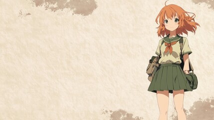 A young anime girl in school uniform, stands poised.